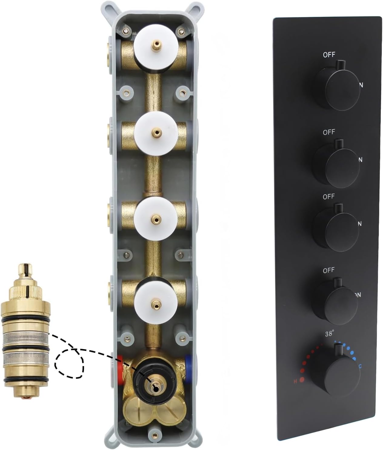 4 Way Brass Shower Mixing Diverter Valve Can run Together and Control Flow, 5 Handle Multi Function 4 Outlet Thermostatic Shower Mixer Valves Kit Concealed Vertical Installation, Matte Black