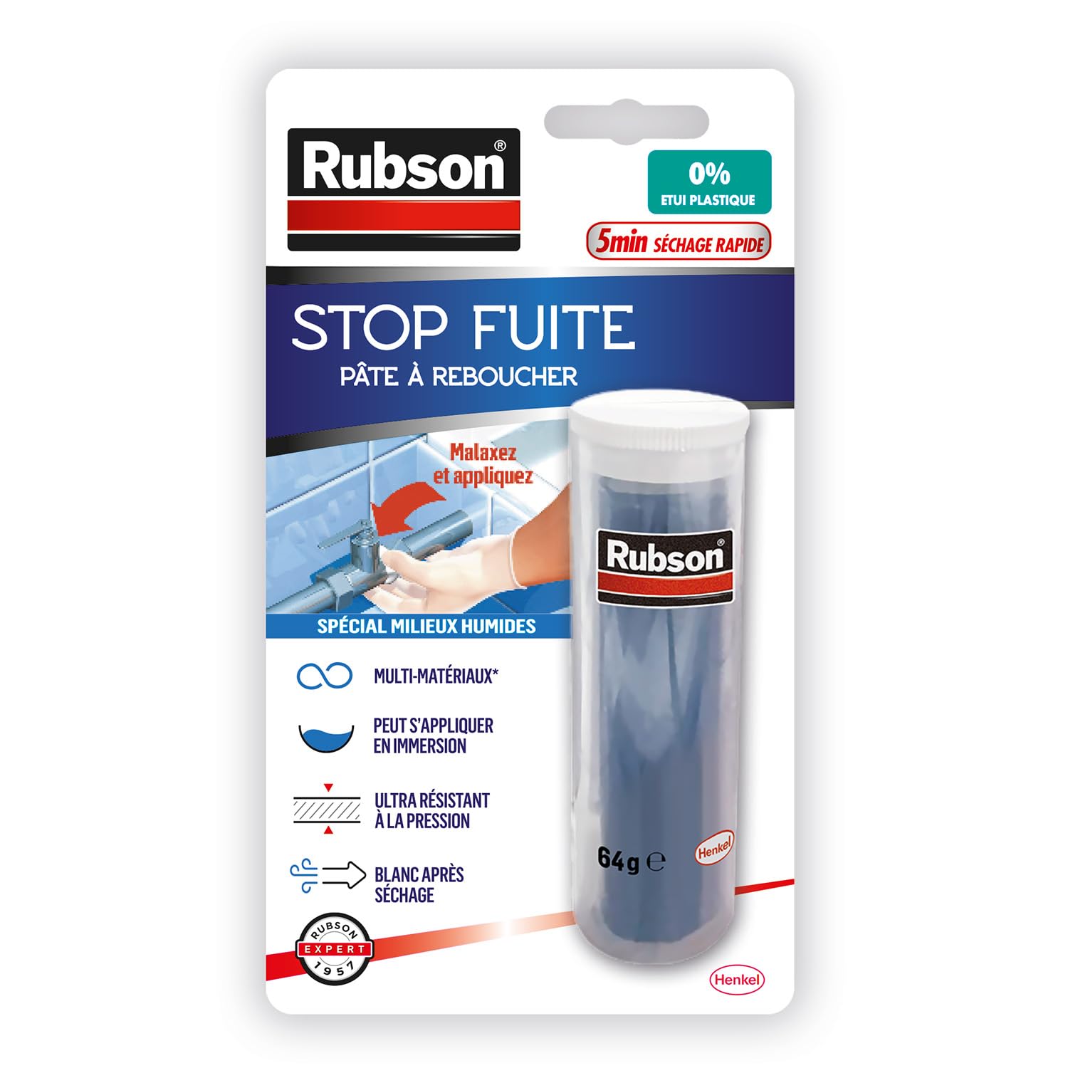 Rubson Pâte à Reboucher Stop Fuite – Pâte époxy bi-composante, 64 g