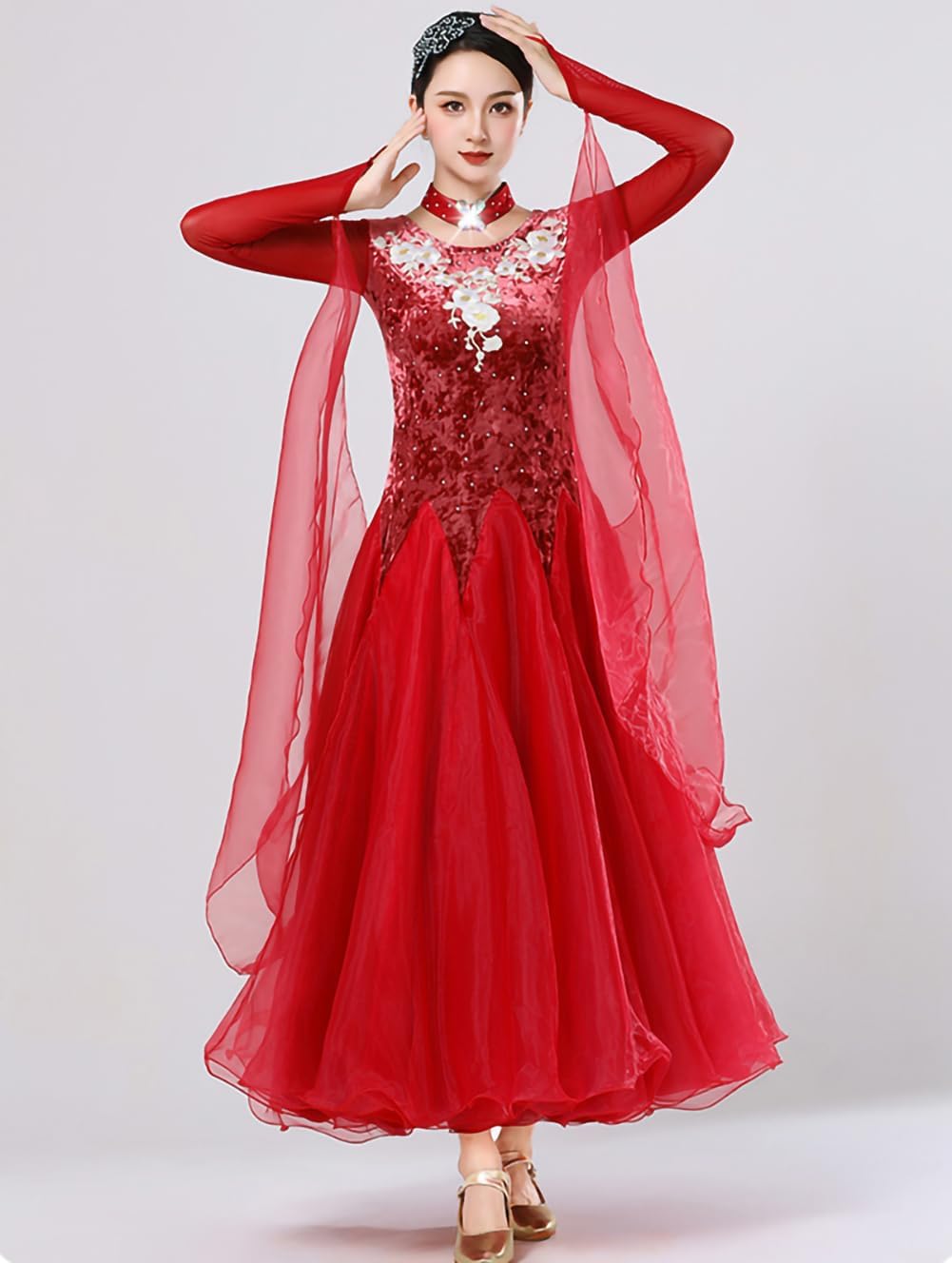 RIKOUZY] 社交ダンスドレス 720°広がる裾 ベロア フロント付き 社交