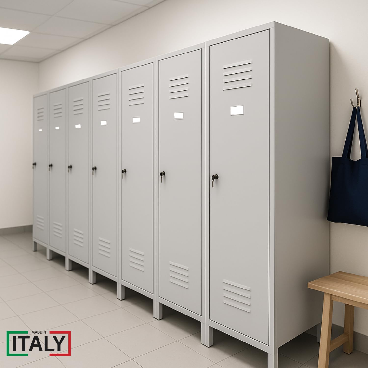 OWIJI Armadietto Spogliatoio Sporco Pulito Grigio Premium Quality Made in Italy 1 Anta 180x36x35 cm Lamiera Ripiano Appendiabiti Cartellino Armadio Palestra Ufficio Garage Salvaspazio Doppia Chiave