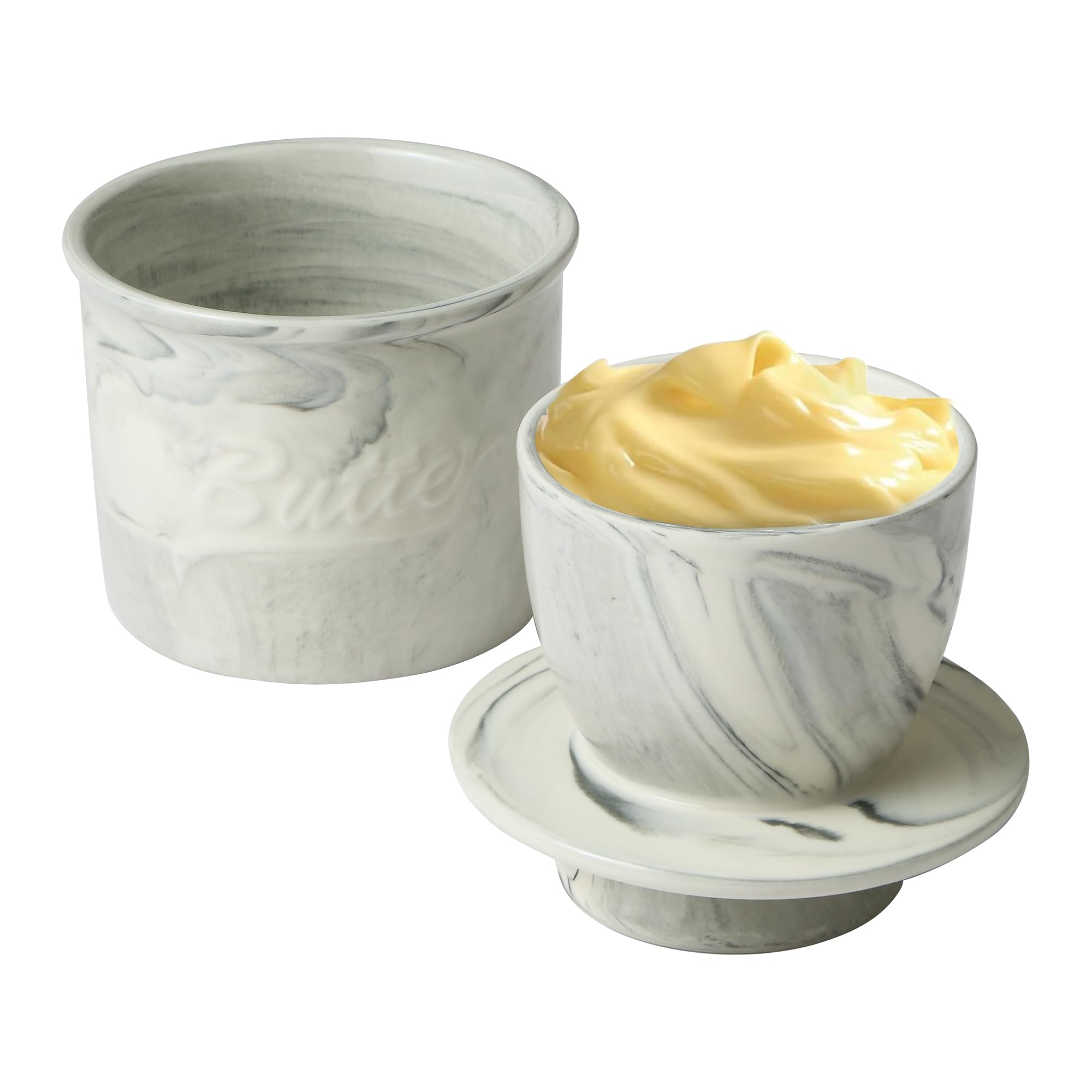 White Stone French Butter Dish French Butter Dish with Lid, Get on Demand Spreadable Butter, Ceramic Butter Keeper to Leave on Counter with Water Line