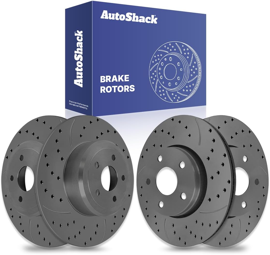 AutoShack Front Vented & Rear Solid Drilled & Slotted E-Coated Brake Rotors 4-PC Set Replacement for 2007-2017 Jeep Wrangler 2018 Jeep Wrangler JK ShadowGuard