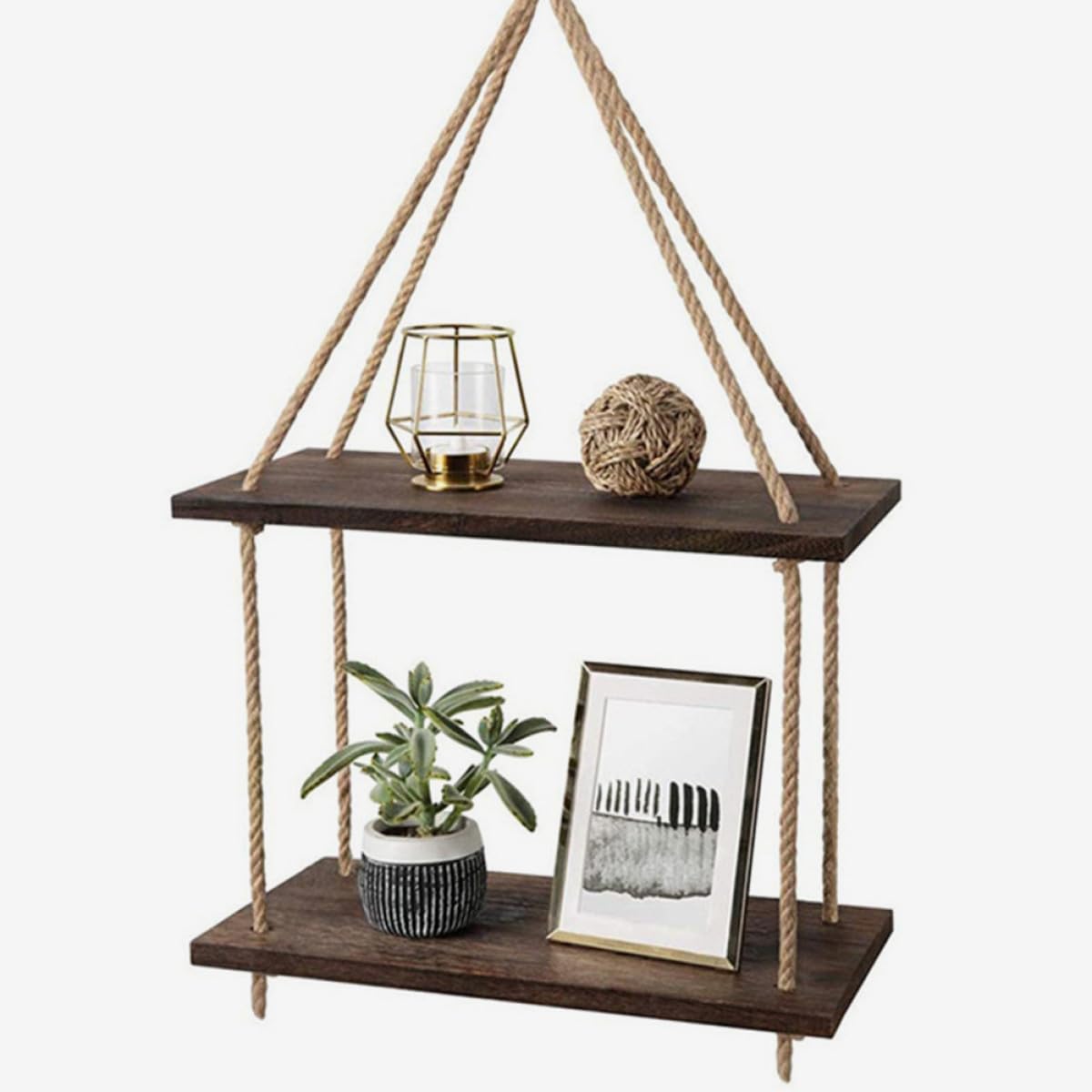 Mensole Sospese a Parete Boho in Legno Nero Corda di Juta Set Doppio Porta Piante e Oggetti Decorativi per Soggiorno Camera da Letto e Studio Supporto Rustico Multifunzione
