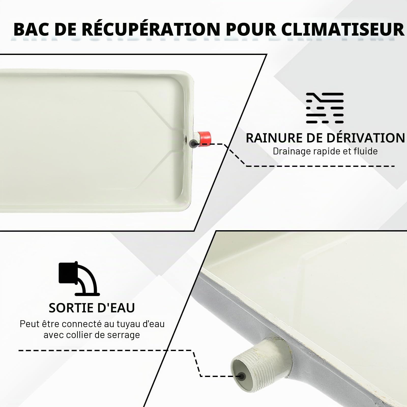 PATIKIL Bac De Recuperation De Condensation Pour Climatiseur, 24 x 9.4 Pouce (61 x 24 cm) Bac De Drainage Universel Portable En Metal Galvanise Avec Trou De Vidange & Tuyau
