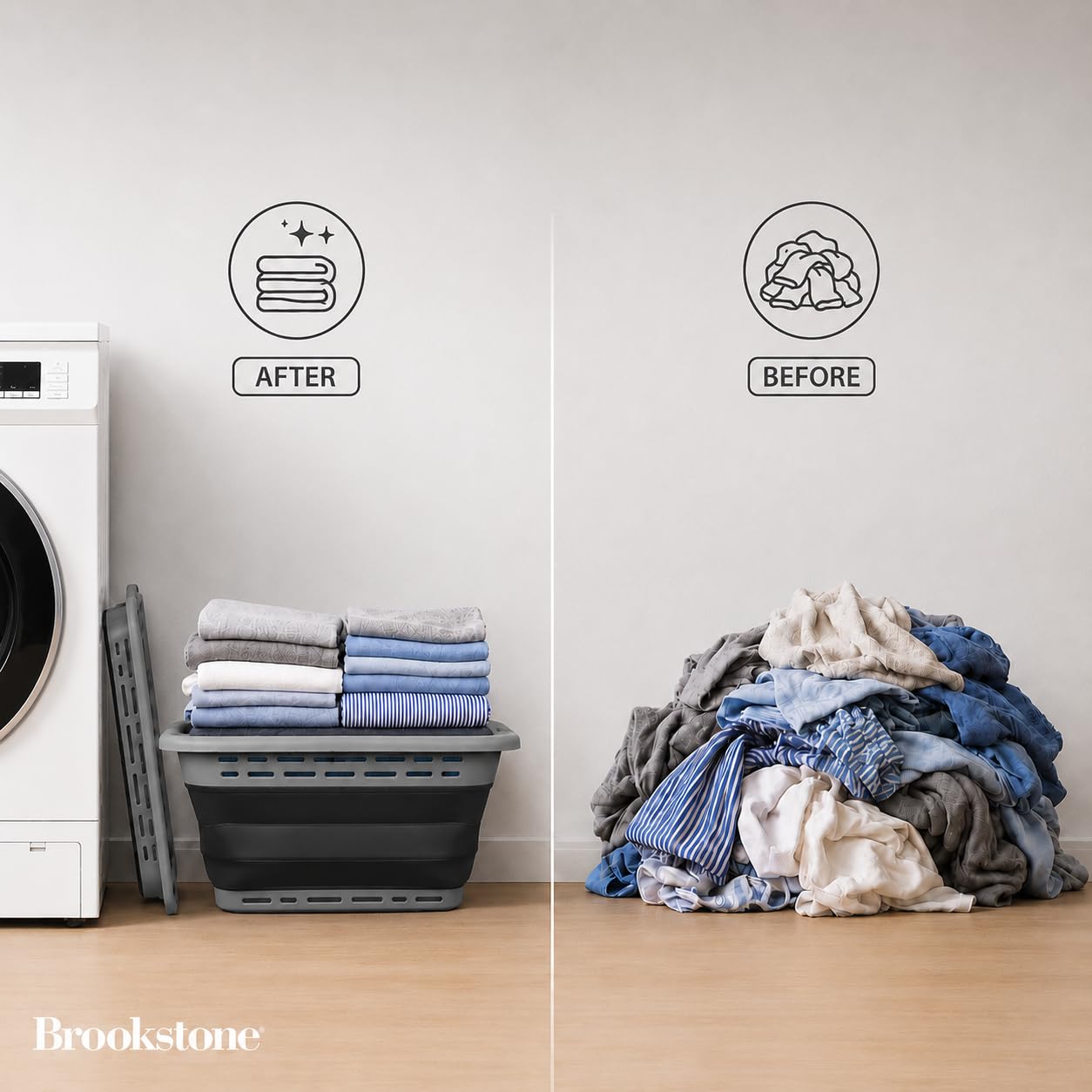 BROOKSTONE - Grande cesto portabiancheria pieghevole da 61 cm, comode impugnature antiscivolo, design minimalista, salvaspazio, portatile, senza bisfenolo A, circa 42 l