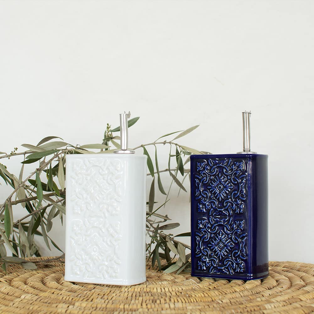 2er-Set Olivenöl-Spenderflaschen aus Keramiksteinzeug 500ml mit Spender, Blau + Weiss, AZULEJO, Cª Atlântica