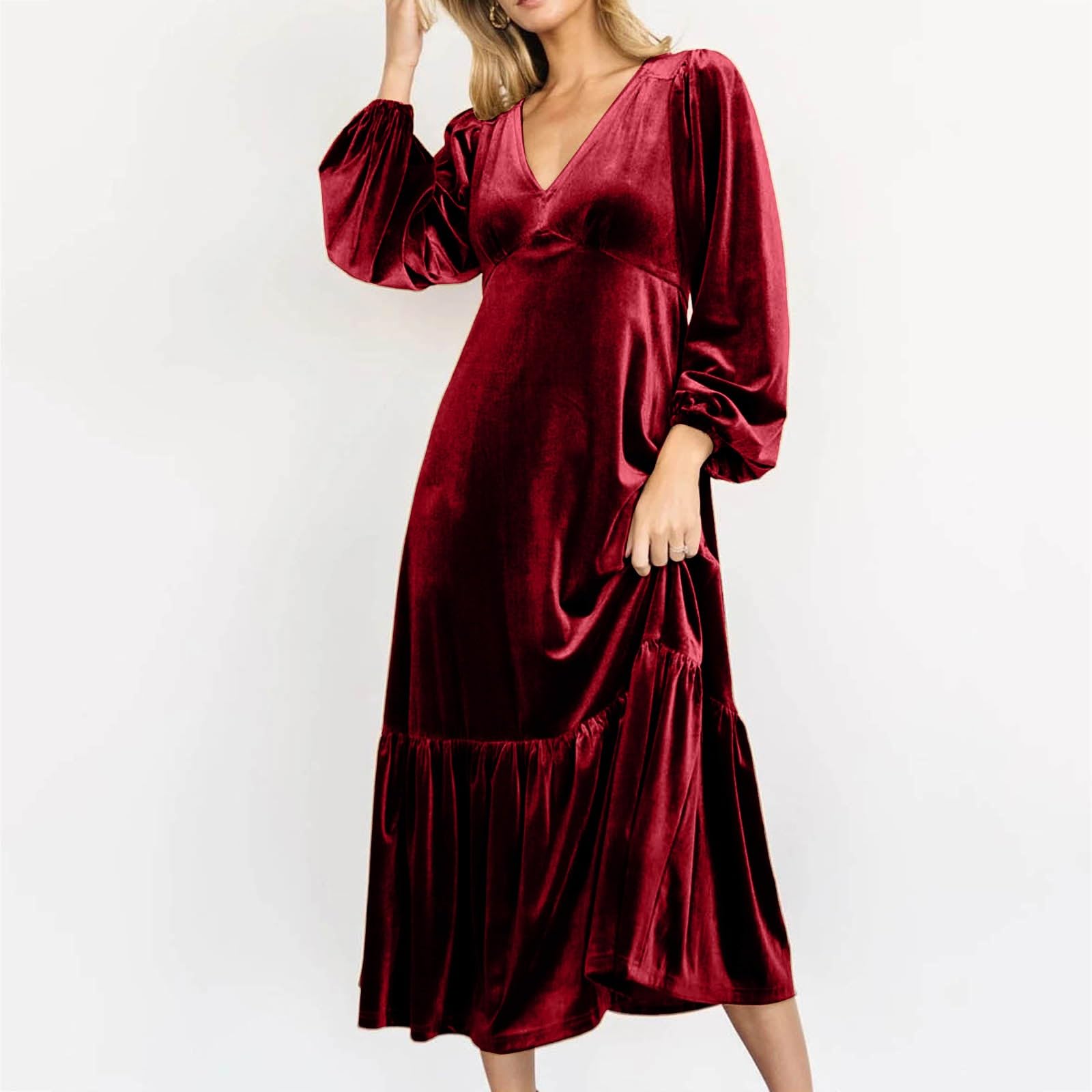 Vestido largo de mujer con cuello en V cinturón cintura mangas abullonadas terciopelo volantes