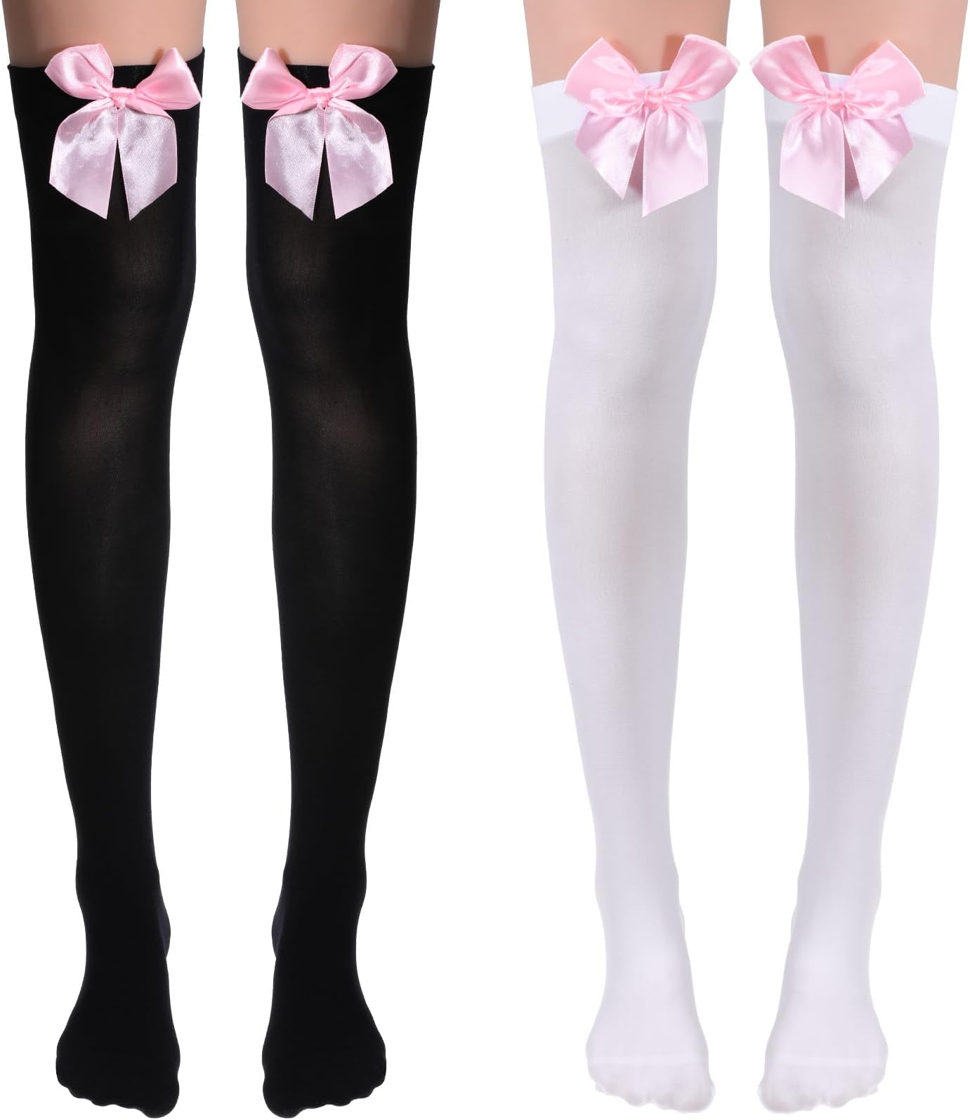 2 Pairs Pink Bow Stockings, Thigh High Stockings, Pink Bow Tights Thigh High Socks, Over Knee Long Stocking with Pinks Bows Long Socks With Bows for Cosplay Daily Wear