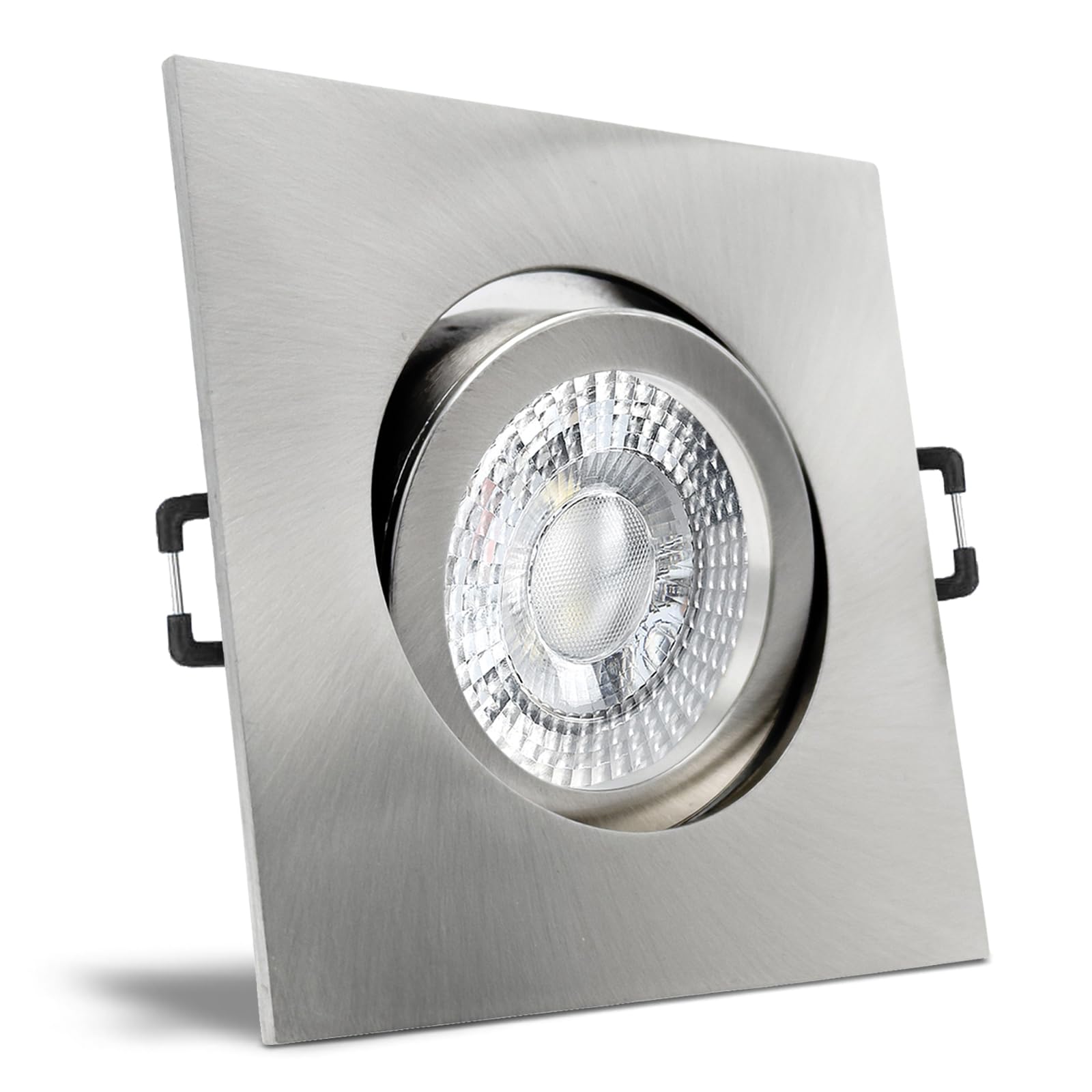 trendlights24 Carree LED Decken Einbaustrahler flach 35 mm 5W 230V 5er Set | Edelstahl Optik, eckig, Neutralweiß, 4000k, 50° Abstrahlwinkel, Spot, austauschbar, Einbauspot, schwenkbar, 68mm Lochmaß