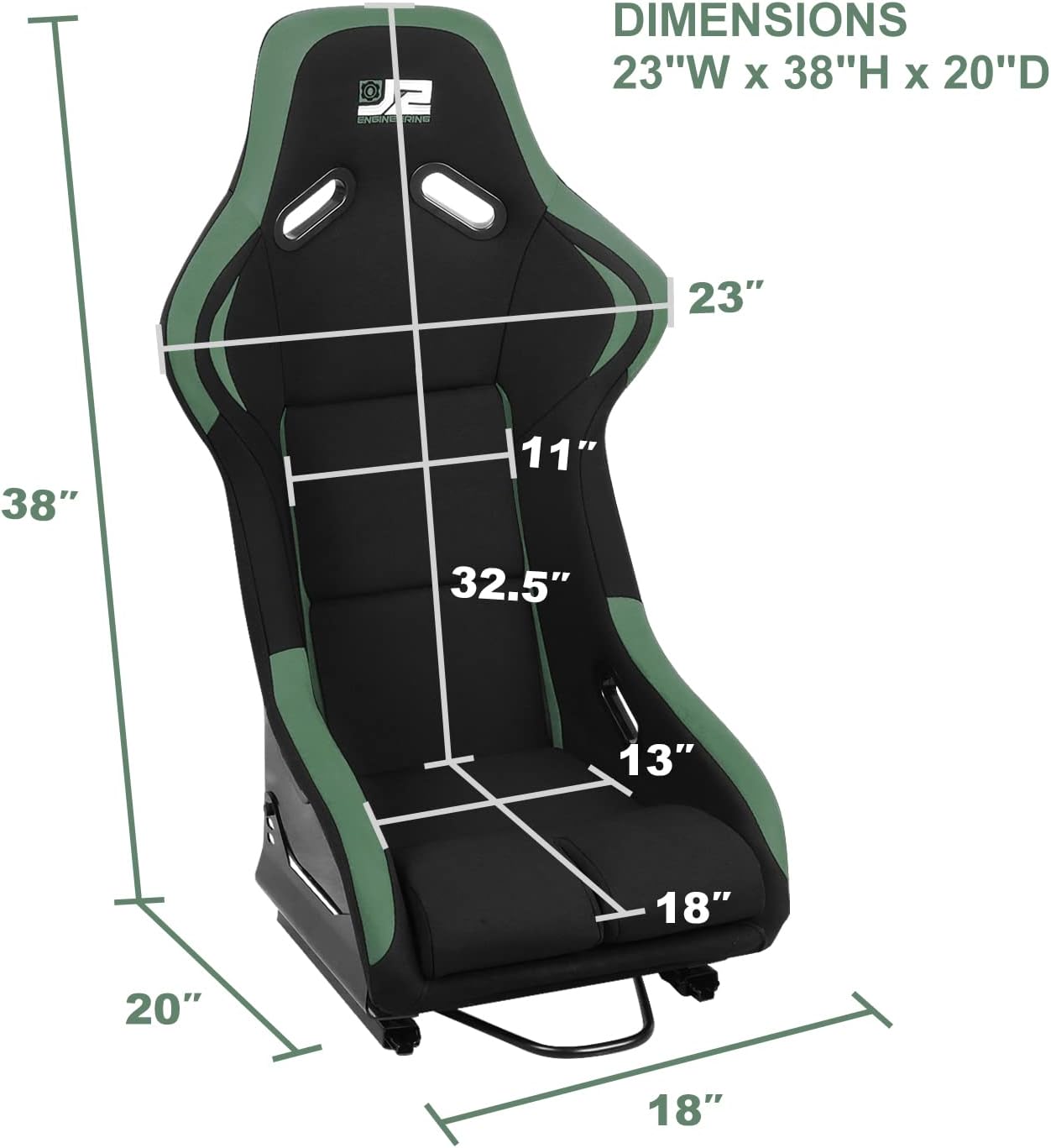 J2 Engineering Pair of Universal Fixed Position Bucket Racing Seat w/Side Mount Brackets & Sliders for 4 or 5 Point Harness, 23" W X 38" H X 20" D, Black/Green, J2-RS-001-GN