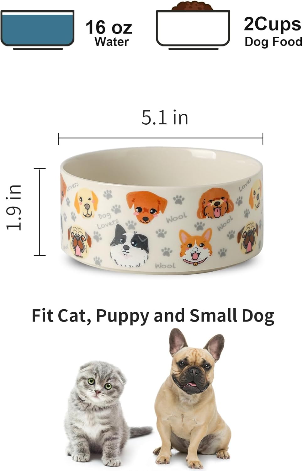Ceramic Dog Bowls Set of 2, Pet Dogs Food Water Bowl with Cute Pattern, 5.1 inch Dog Dishes for Middle and Small Size Dogs, White