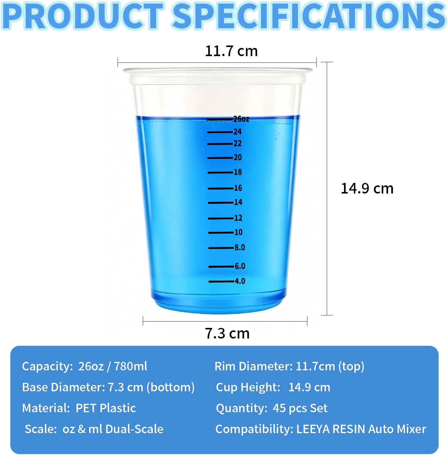 26oz Resin Mixing Cups, 45-Piece Kit with Dual-Scale oz&ml