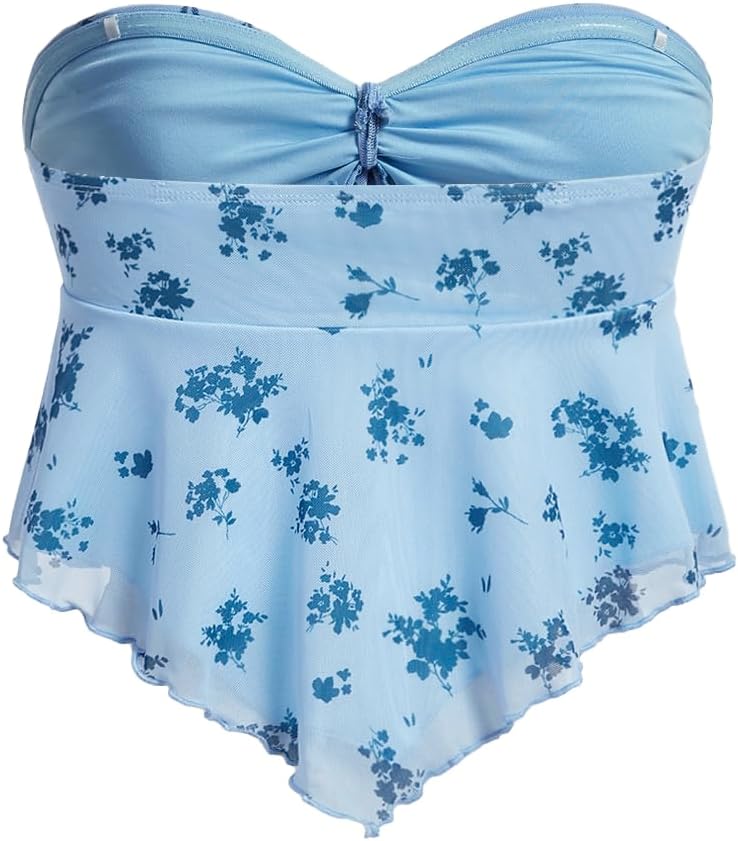 SHENHE Women's Floral Strapless Tie Front Lettuce Trim Asymmetrical Flare Boho Tube Top - Image 2