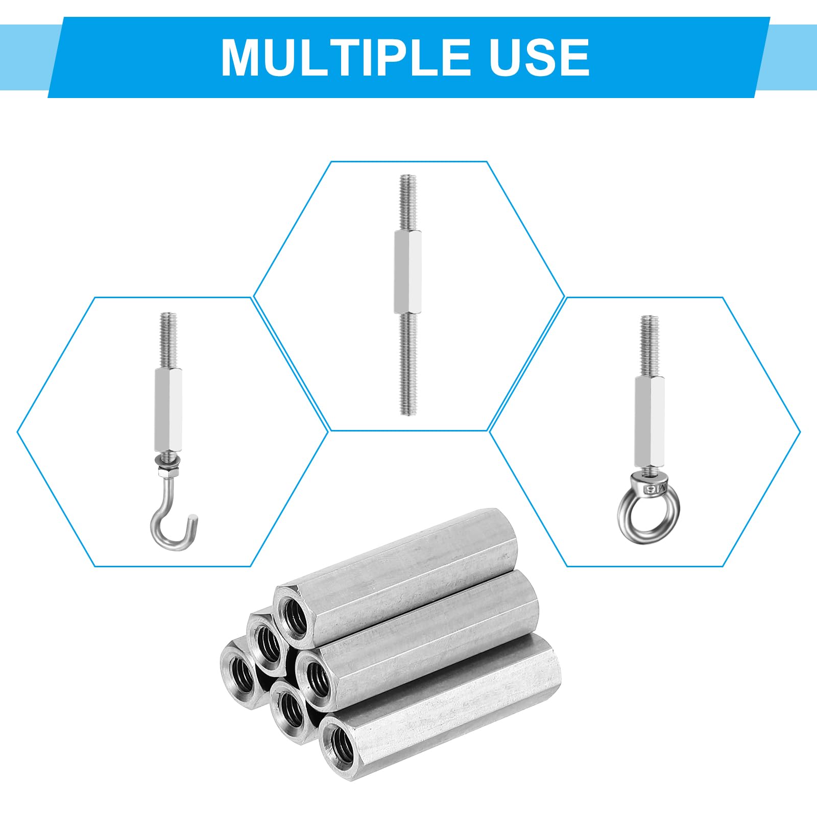 PATIKIL M5 x 0.8-Pitch Dado Esagonale Lungo Acciaio Inossidabile 304, 6Pz 15mm/ 0.6" L Dadi di Accoppiamento Dado a Barra Lunga Intera Connettore per Barra Filettata, Tono Argento