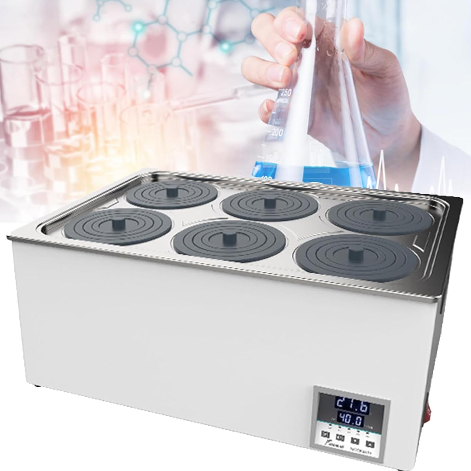Baño María Termostático Digital, Pantalla de Doble Calentador de Baño María Digital con Anillos de Goma para Laboratorio,6Hole