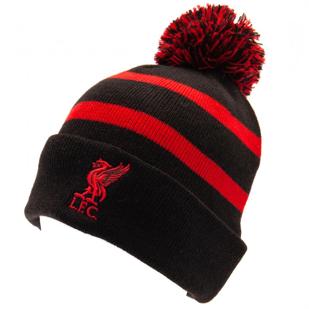 Liverpool FC Black Beanie Youth Hat, Black Cuff, Bobble Design, Official Licensed