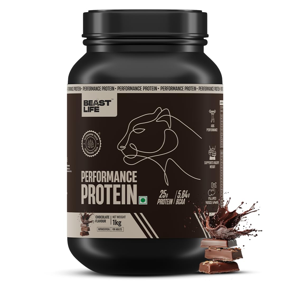Beast Life Performance Protein Powder | 1 Kg | Chocolate | High Absorption for Muscle Growth |Smooth & Light, Easy to Digest with Ultrasorb Tech|NABL Lab Certified | 25g Protein, 5.64g BCAA | Best For Gut | Beta Glucan | Improves Immune Function