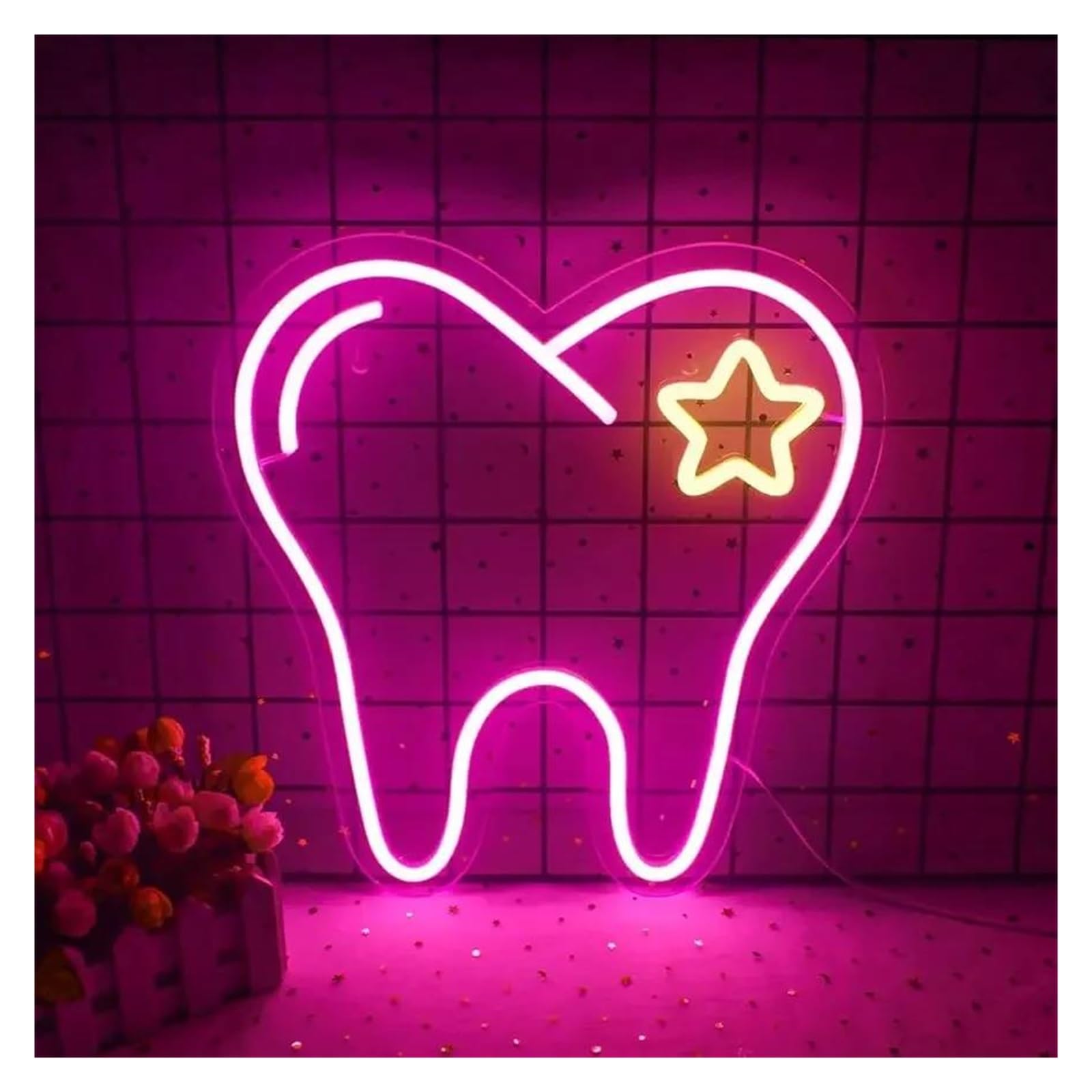 XENITE Luces Art Decoration Christmas Letrero De Neón Con Forma De Diente, Luz LED Regulable Para Decoración De Pared Alimentado Por USB Para Consultorio De Dentista, Iluminado, 32cm×35cm
