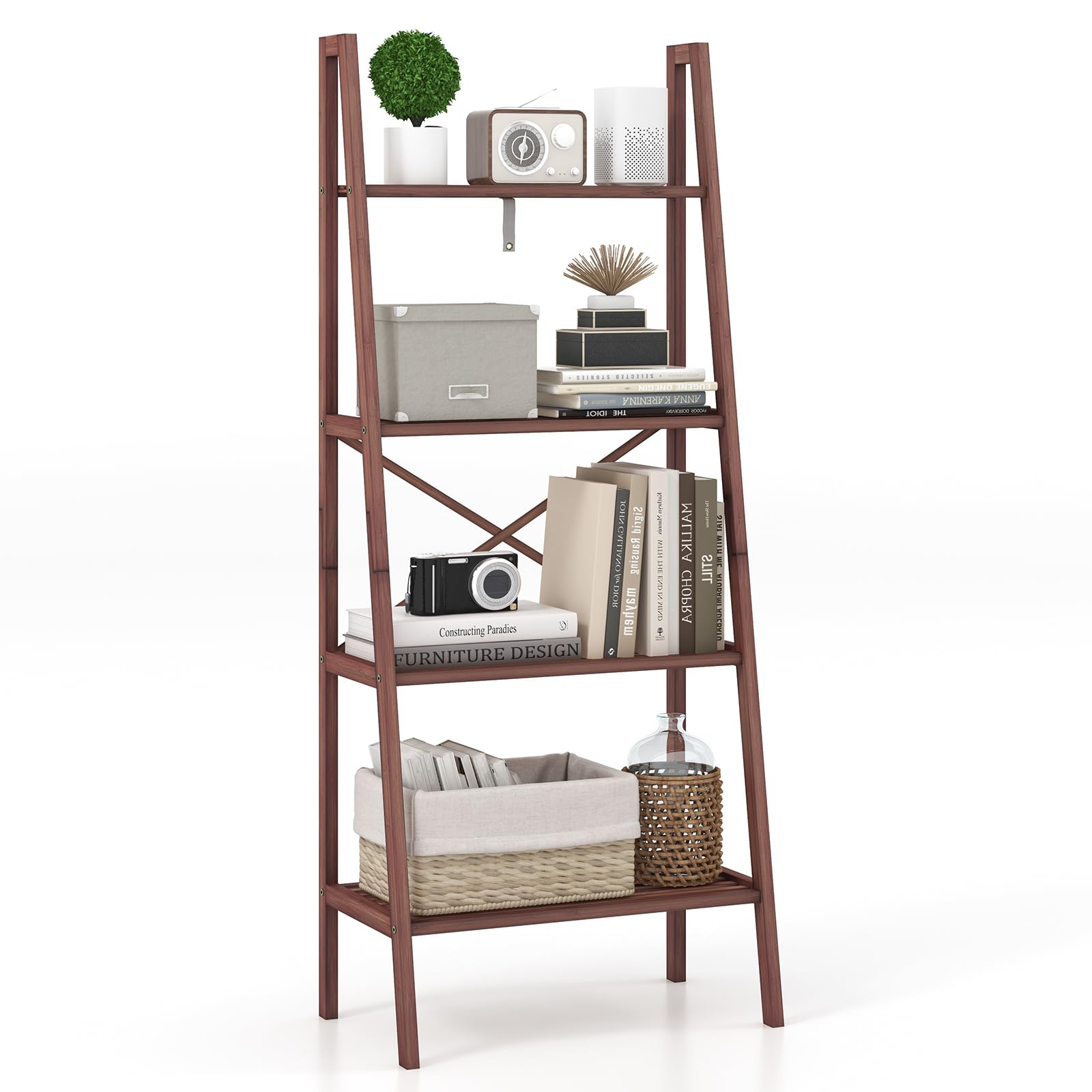 COSTWAY 4-Tier Ladder Bookshelf, Bamboo Storage Shelving Unit Bookcase Stand with Anti-Tipping Kits, Freestanding Wooden Display Rack Shelf for Living Room Office (Walnut)