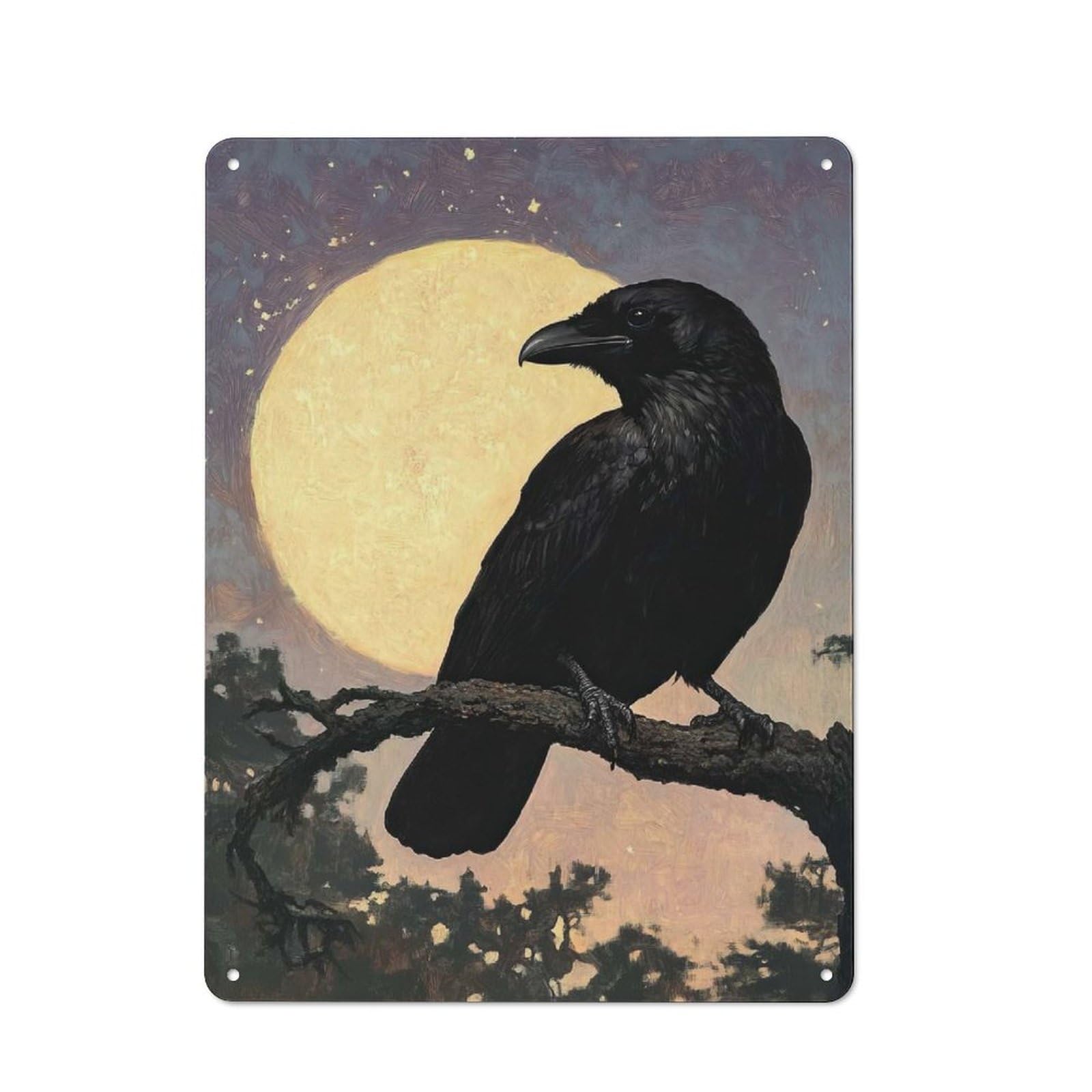 Junmoney Style-18 For Lounge Or Reading Corner, Raven Under Full Moon Vintage Metal Sign 40X30cm, For Collectors Decorating Lounges And Reading Corners