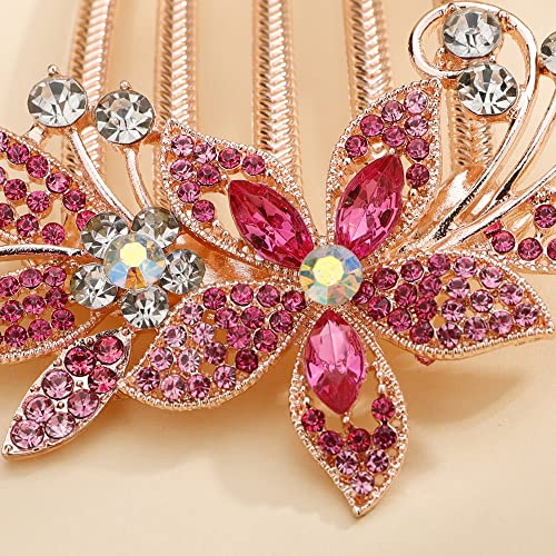 Jumwrit Wedding Crystal Hair Comb Colorful Rhinestone Flower Floral Hair Side Comb Rose Gold Leaf Hair Clip Comb Vintage Bride Bridesmaid Headpiece Bridal Hair Jewelry For Women Girls(Pink) #TOP4