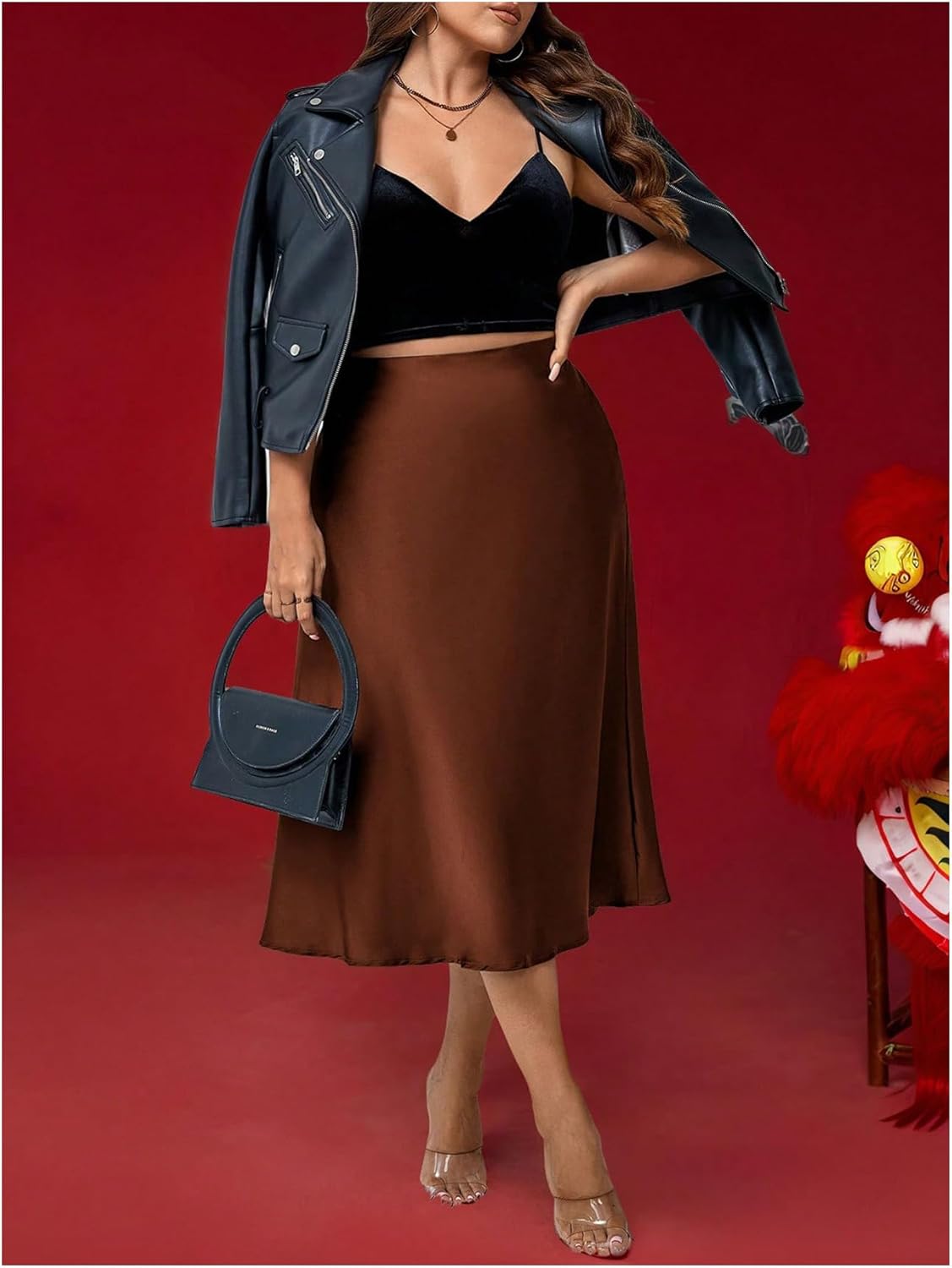 Floerns Women's Plus Size Elegant A Line Midi Skirts High Waisted Satin Date Night Formal Evening Skirt - Image 5