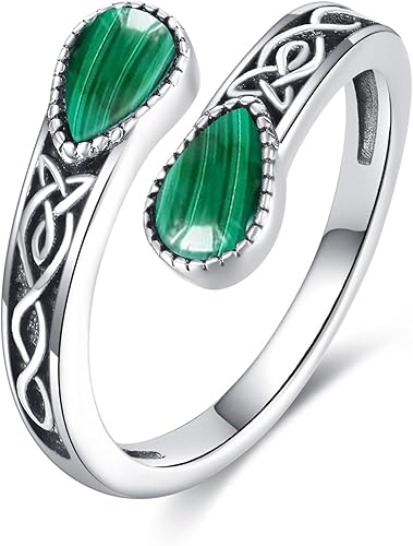 Anillo de plata de ley 925 con cuchara celta de ágata musgo, turquesa, piedra lunar, piedra lunar, malaquita, ajustable, regalo de joyería vintage