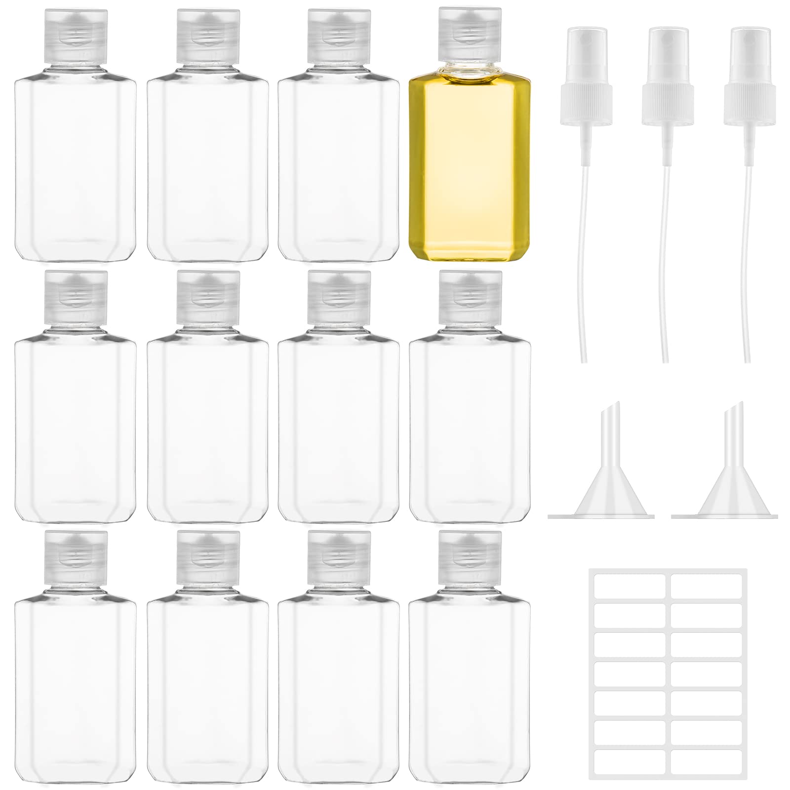 Ysimple 12 Pack 60ml Travel Bottles Set, Empty Transparent Flip Cap Bottles Refillable Cosmetic Containers with Spray Nozzles, Funnels and Labels for Shampoo, Conditioner, Lotion, Toiletries