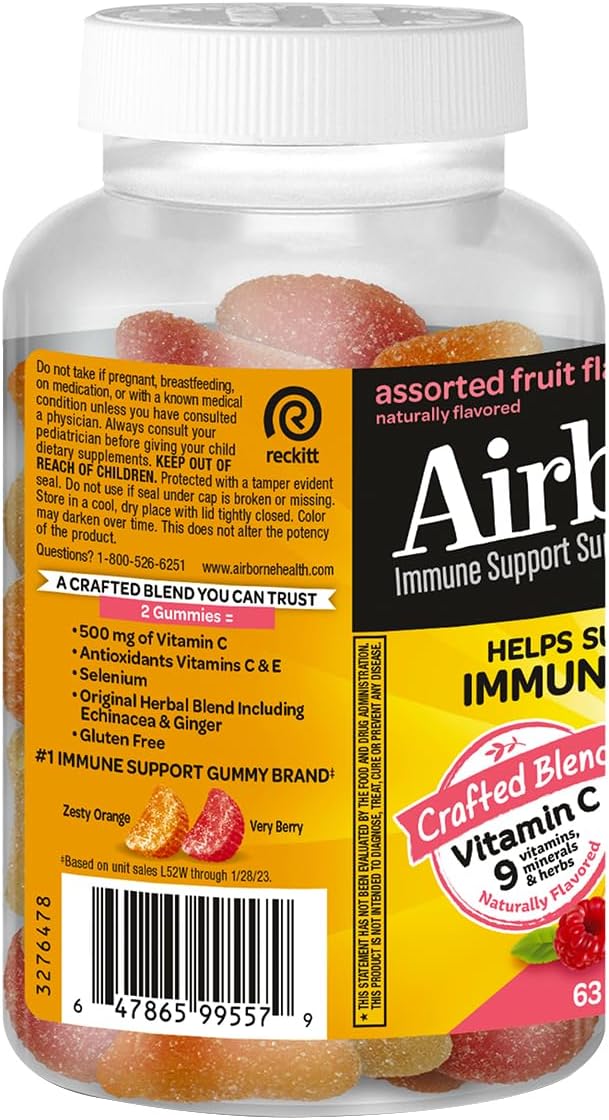 Airborne Kids 500mg Vitamin C Gummies, Kids Immune Support Zinc Gummies with Powerful Antioxidants VIT C & E - 63 Gummies, Assorted Fruit Flavor (Pack of 2)
