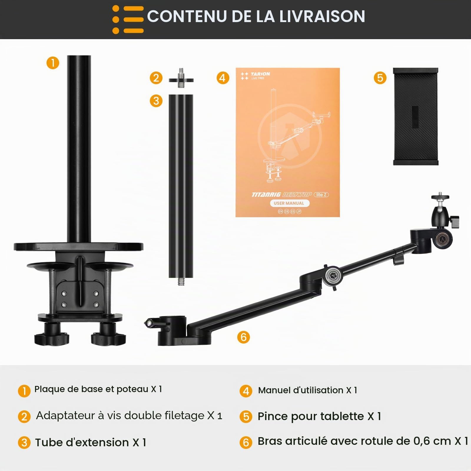 TARION Support de Table pour Appareil Photo avec Bras Articulé - Compatible DSLR, Anneau Lumineux, Microphone - pour Photographie, Vidéo - Titanrig(Lite Z)