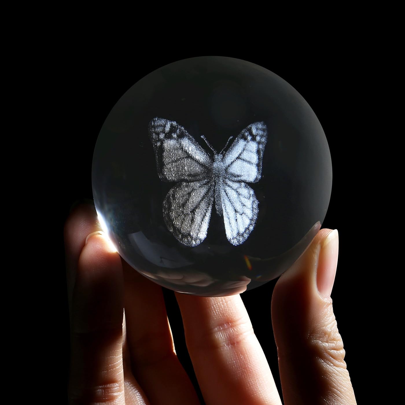 Sahoottie 60mm Butterfly 3D Engraved Crystal Ball with Wooden Base Glass Paperweight Butterfly Gift for Women Figurine Glass Ornament Decoration - Image 2