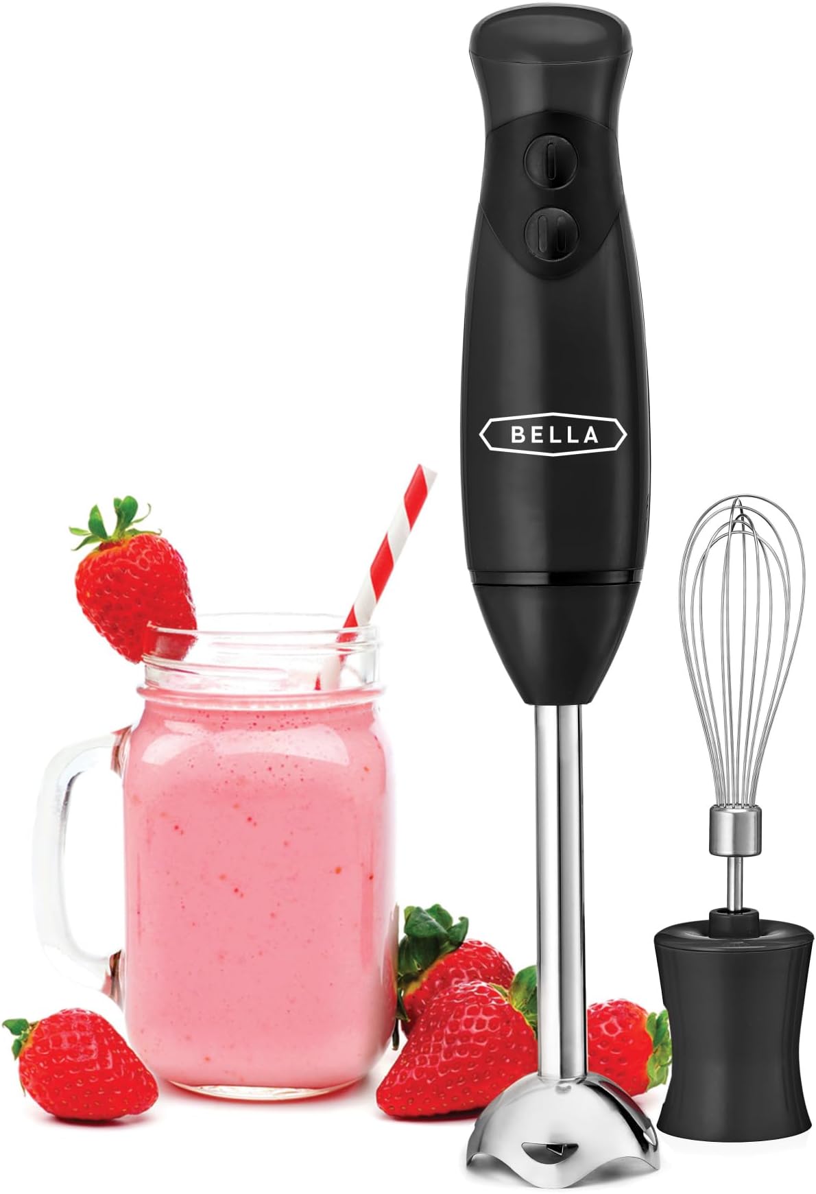 Immersion Hand Blender, Portable Mixer with Whisk Attachment - Electric Handheld Juicer, Shakes, Baby Food and Smoothie Maker, Stainless Steel, Black