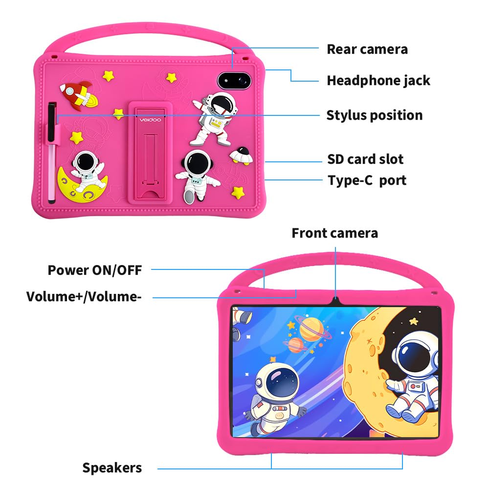 Veidoo Tablet Android da 10 pollici per bambini, 3 GB di RAM+32 GB ROM, tablet con custodia antiurto, WiFi, doppia fotocamera, schermo HD IPS, app per il controllo genitori, stilo incluso, giochi
