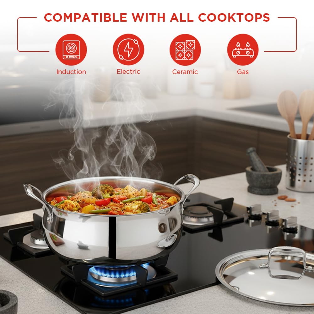 Vinod Platinum Chef’s Lagan Pot 28 cm - 7 Litre | Triply Stainless Steel Biryani Pot Heavy Bottom | Shallow Lagan Handi for Cooking Biryani | Healthy Triply Cookware, Induction Friendly, with Lid — Amazon image 6