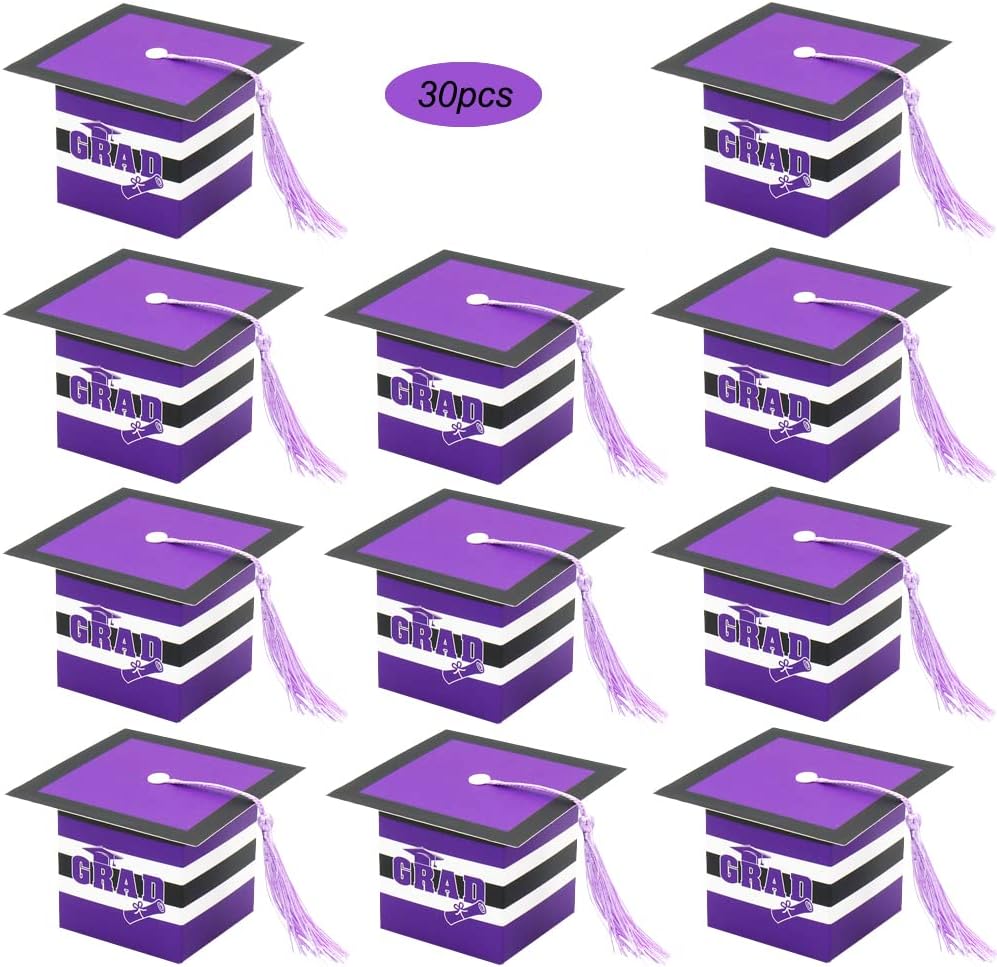 SDKI 30Pcs Purple White Graduation Cap Candy Boxes Congrats Grad Graduation Gift Boxes for Graduation Party Favors Boxes 2022 Graduation Party Supplies Decorations