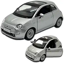 Carrinho de ferro Miniatura Fiat 500 2007, Em Metal, Com fricção, escala 1:28, 12 Cm de comprimento (Cinza)