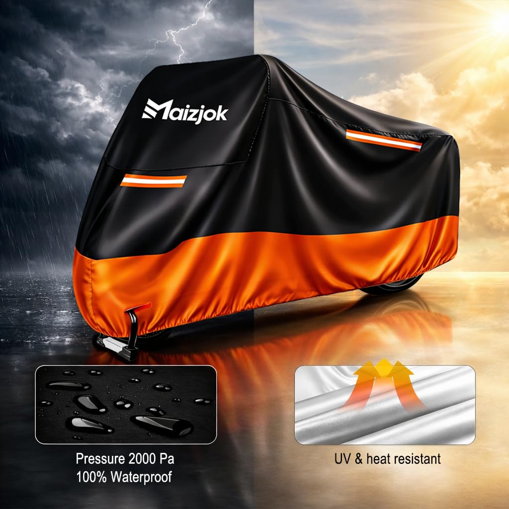 Maizjok® Motorbike Cover Waterproof Outdoor, Motorcycle Cover Heavy Duty 210D Rain UV Dust Indoor, All Weather Covering for Scooter Moped Street/Off Road/Scrambler Motorbike (96.5 x 41.3 x 49.2 in) - 2