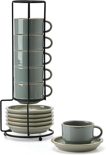 JIEMEI HOME - Tazas de capuchino apilables de porcelana con platillos y soporte de metal, tazas de espresso de 7 onzas para café con leche, bebidas