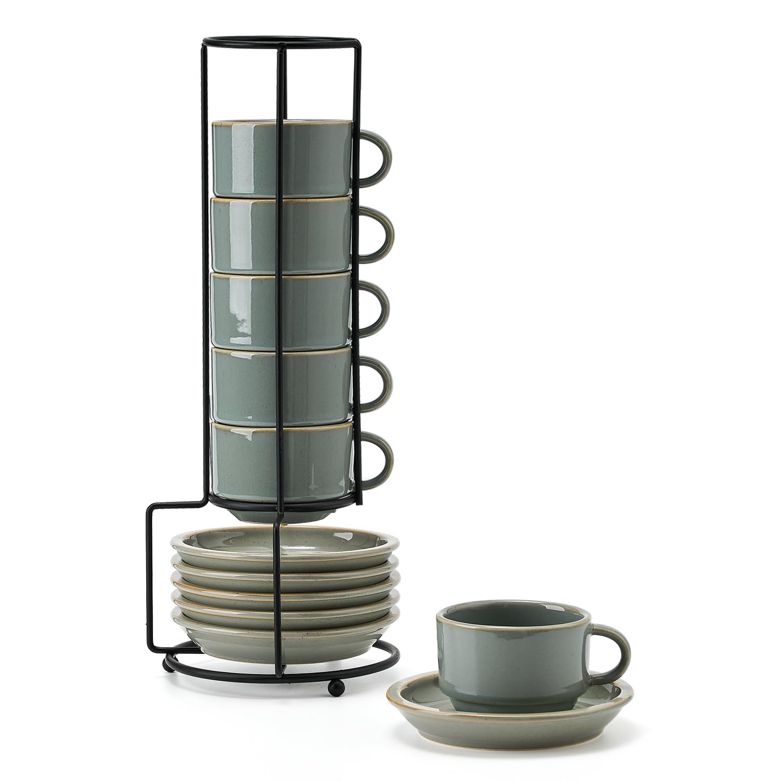 JIEMEI HOME Porcelain Stackable Espresso Cups with Saucers and Metal Stand, 4 Ounce Demitasse Cups for Latte, Cafe Mocha Tea-Set of 6 Espresso Mugs, Reactive Glaze, Green