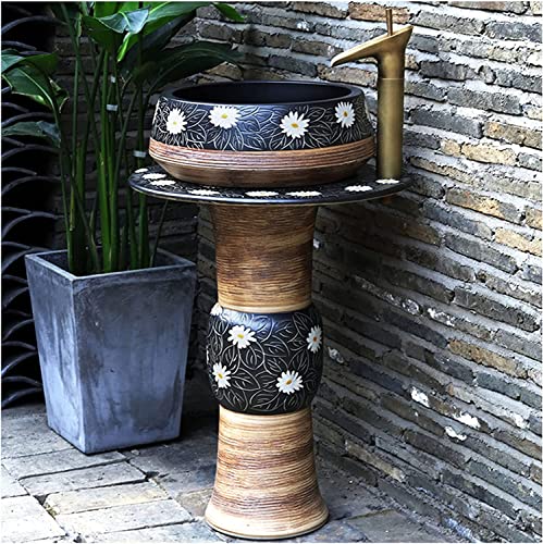 Fregadero de pedestal de arcilla caolín hecho a mano con espejo, diseño independiente para decoración de tocador de hotel, hogar, baño, elegante y duradero