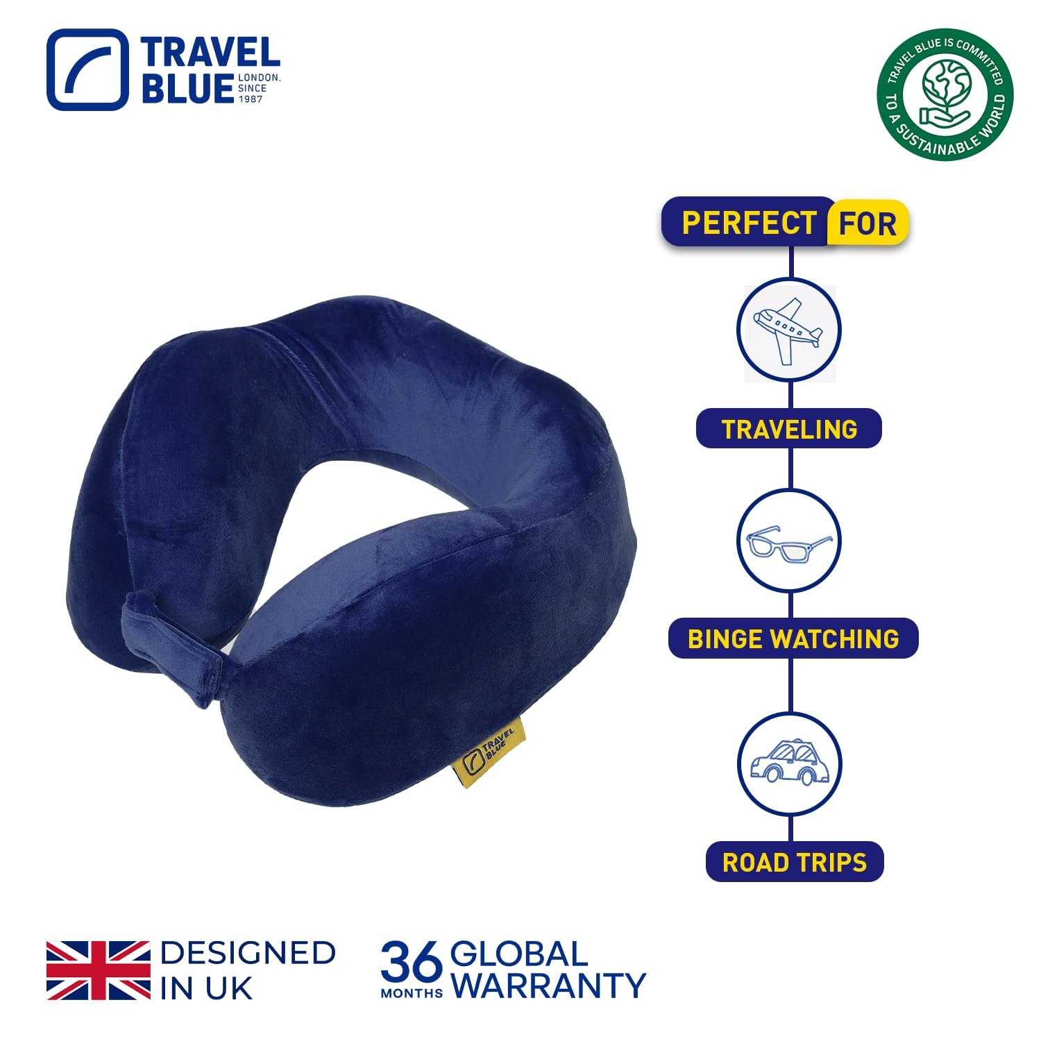 Travel Blue Coussin de Voyage en Mousse à Mémoire de Forme - Oreiller Ergonomique et Léger pour Le Cou - Ajustable Coussin pour Avion, Voiture et Bureau - Support pour Tête, Cou et Colonne (Navy)