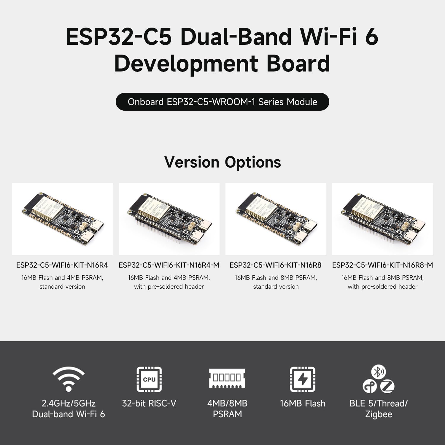 Waveshare ESP32-C5 Dual-Band Wi-Fi 6 Development Board 16MB Flash 8MB PSRAM 240MHz RISC-V Processor ESP32-C5-WROOM-1 Module