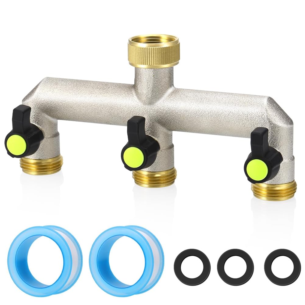 Ctrlzs Brass Garden Hose Splitter - Water Hose Splitter 3 Way Heavy Duty, Outdoor Faucet Splitter With Shut Off Valves, 3/4Inch