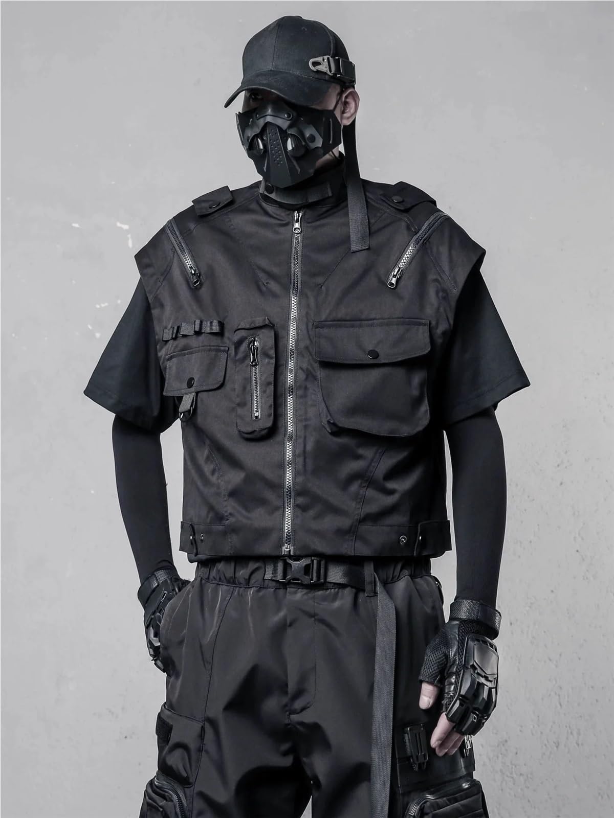 Multi Pocket Weste Multi Taschen Techwear Cargo Weste Mann Hip Hop Kurze Weste High Street Casual Ärmellose Jacken Für Jagd Angler Camping Wandern(L)