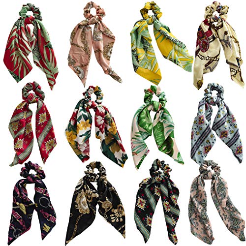 WillingTee 12pcs Silk Hair Scrunchies for Women Girls Ladies,Scraf Hair Ties with Chain Printed Pattern Flower Pattern Hair Bobbles for Ponytail Holder,2 in 1 Vintage Bowknot Hair Accessories