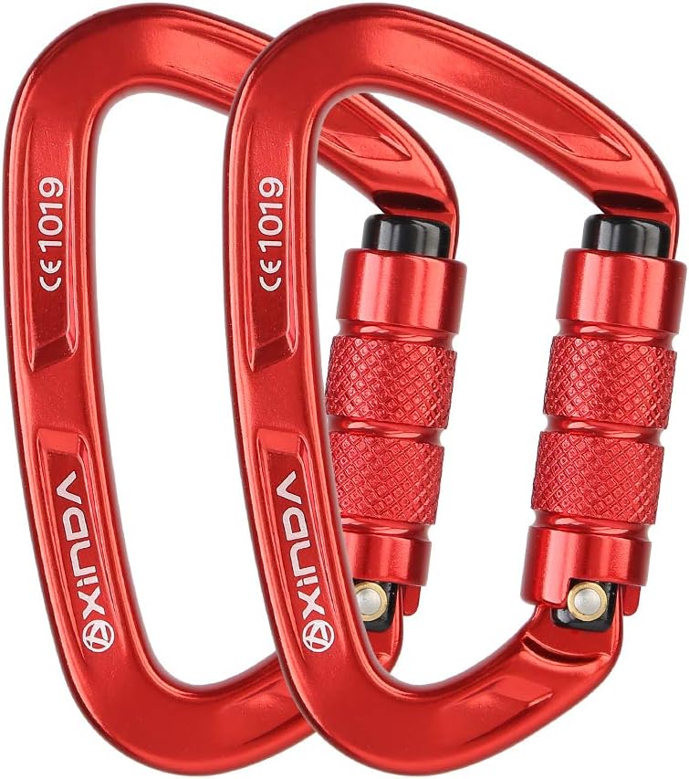 XINDA 25KN Auto Locking Climbing Carabiner - D Shaped Twist Lock Carabiner CE UIAA Certified, Heavy Duty Carabiners Clip for Rock Climbing,Rappelling,Camping,Hiking,Hammocks,Swings (2 pcs Red) : Sports & Outdoors