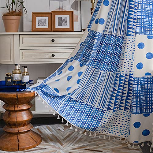 Rideaux 300x220cm bleu blanc coton lin à oeillets imprimé géométrique patchwork - 2