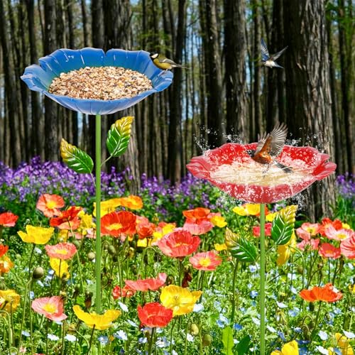 Image of 2 Pack Bird Bath for Outside, Outdoors Garden Decor Flower Birdbath | Colorful Metal Bird Bowl with Five Stakes for Hummingbird Baths & Bird Feeders, 31.3 inch H x 10.63 inch Dia (Cyan, Deep Red)