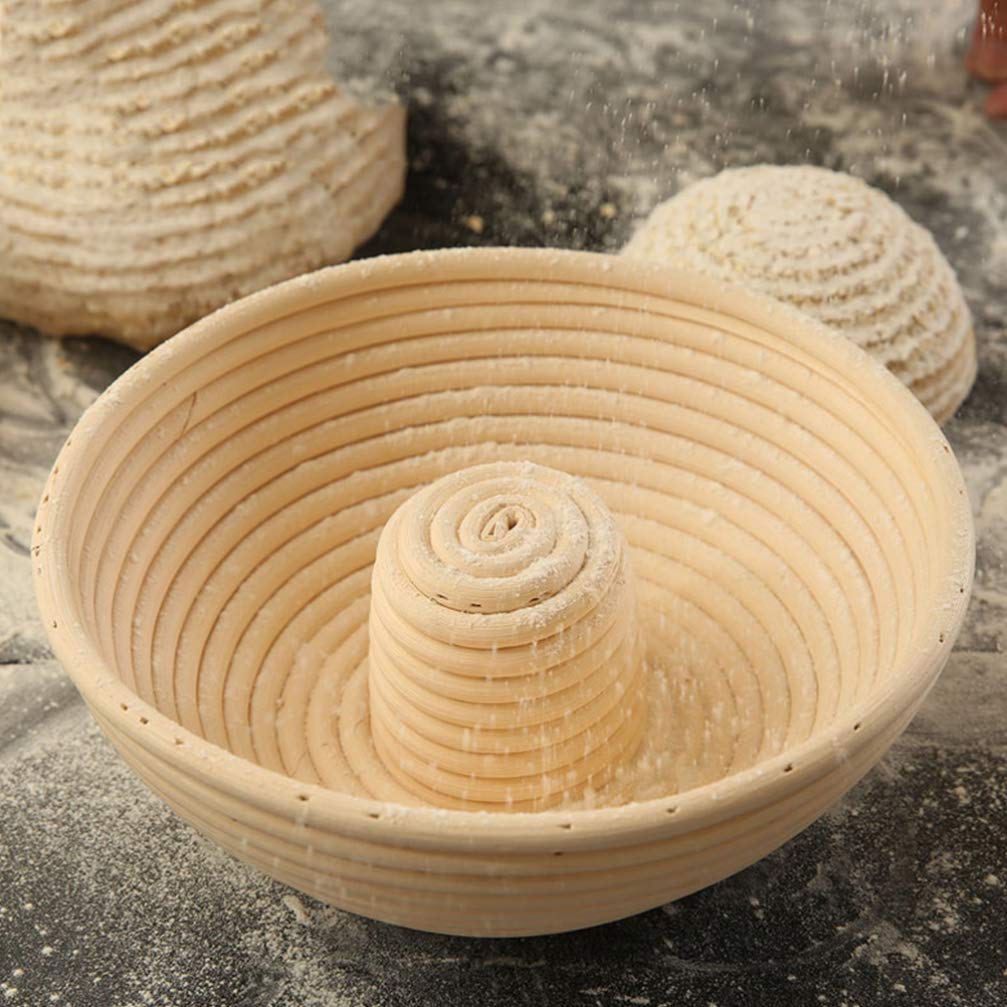 Pan Banneton Cesta de prueba Circular Brotfom Masa Proving Bowl Anillo tejido a mano Redondo Rattan Couronne Sourdough Lame Pan Rising Basket with Center Riser 22X8CM / 42