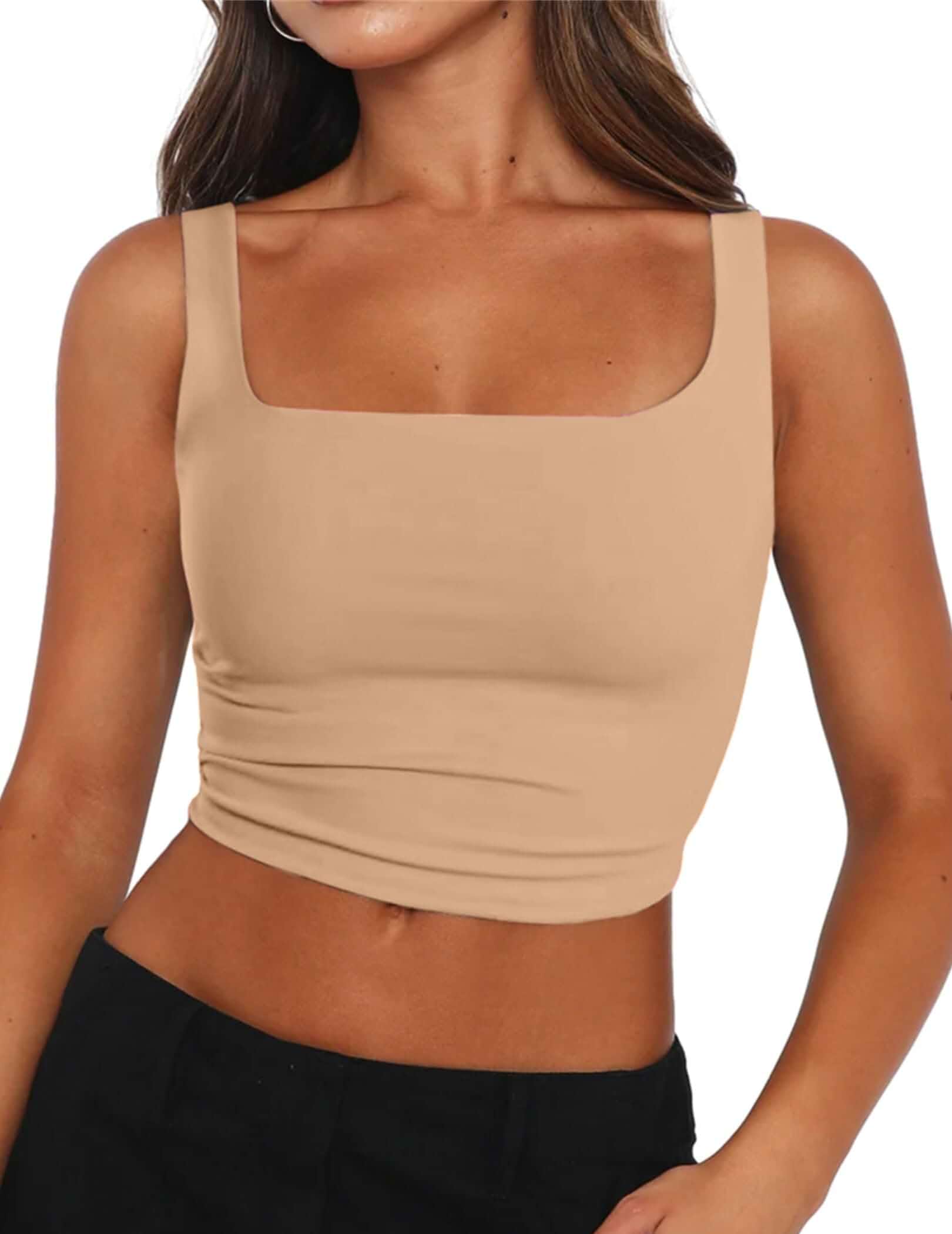 Zeagoo Women's Square Neck Crop Tops Cute Double Layer Casual Slim Tank Crop Square Neck tops for women, Trendy Double Lined Slim Fit, Sexy Workout Tops, Going Out Outfits for Women